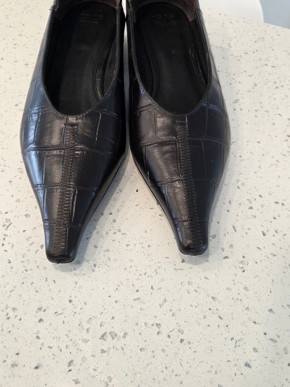Black Croc-Embossed Pointed Toe Leather Flats - Picture 8 of 13